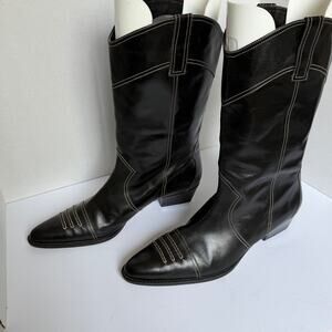 Vaneli Black Leather Mid-Calf Western Boot - Pull On Sleek Minimalist Size 11M